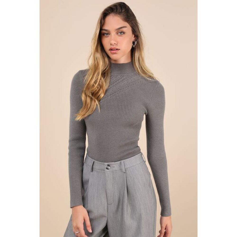 Lulus Curated Forecast Charcoal Grey Ribbed Mock Neck Sweater Top - Size S